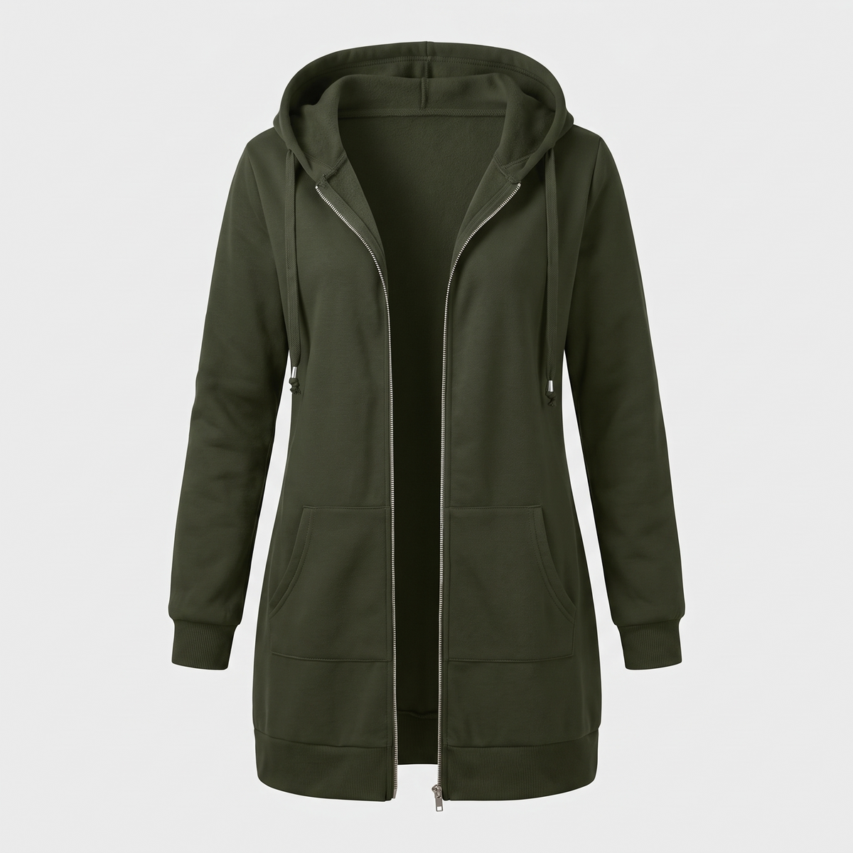 Shona Women's Longline Zip Up Hoodie - Army Green