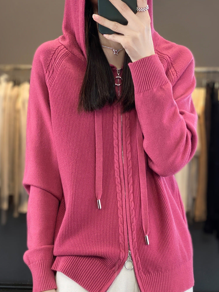 Imelda Women's Knitted Zip Up Hoodie - Raspberry Red