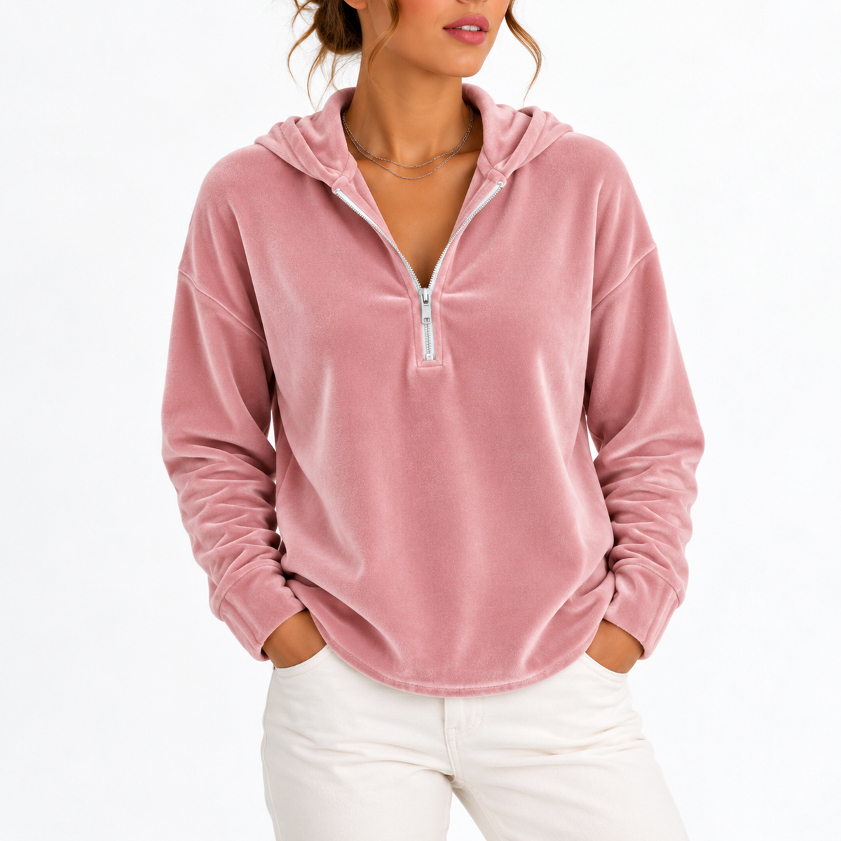 Mairi Women's Velvet Quarter Zip Hoodie - Pink