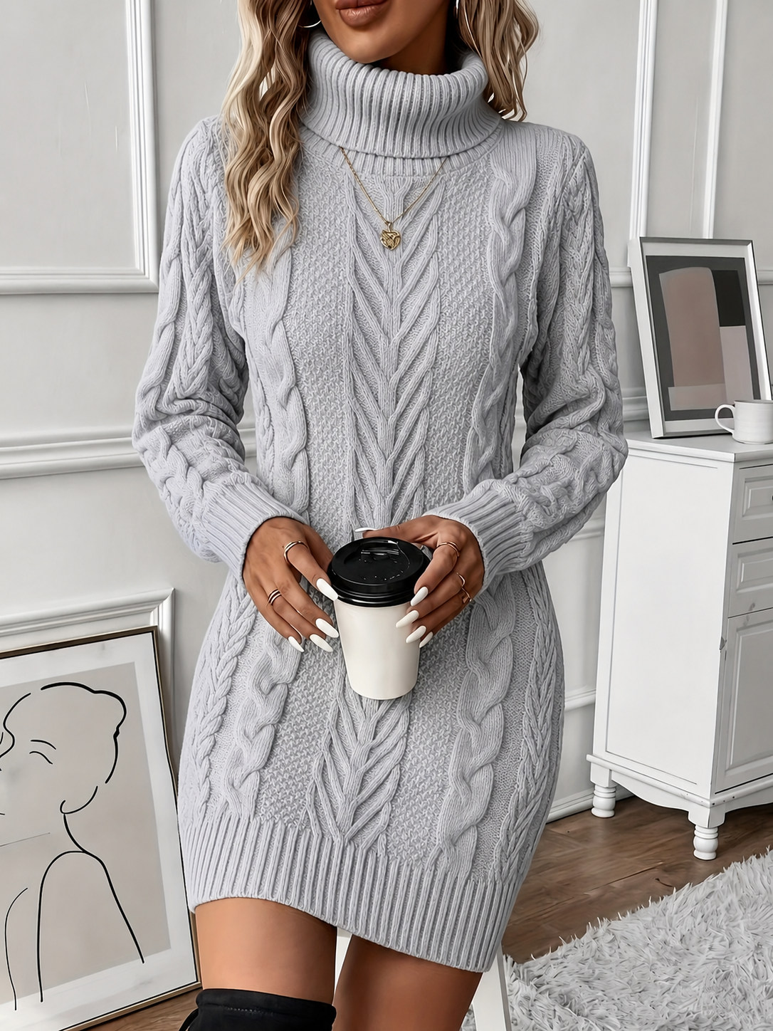 Libby Women's Cable Knitted Jumper Dress - Light Grey