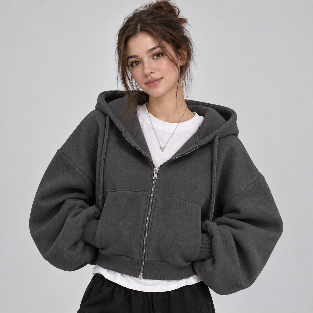 Yasmin Women's Fleece Cropped Zip Up Hoodie - Black