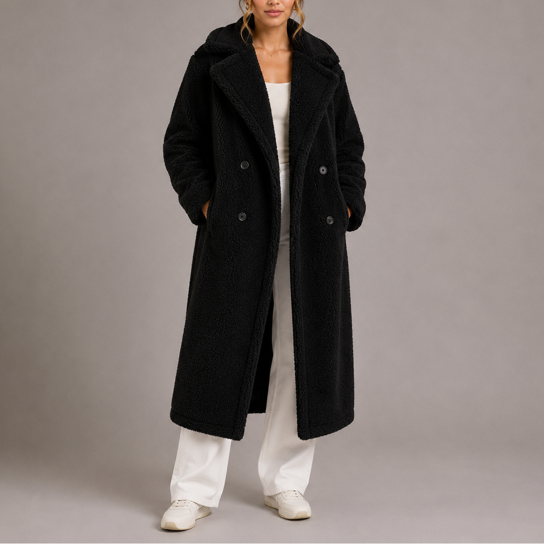 Lynn Women's Winter Long Teddy Faux Fur Coat - Black