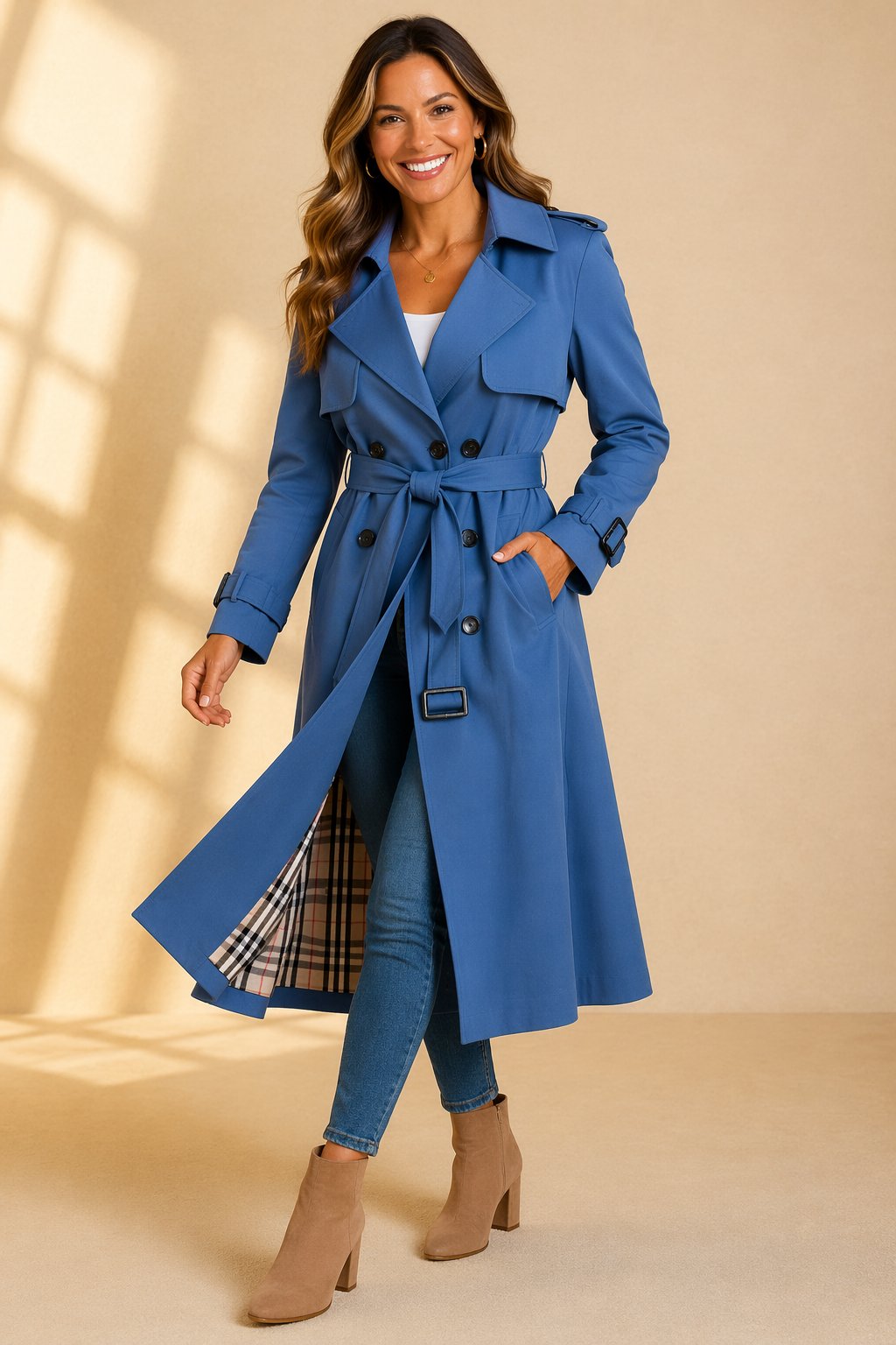 Sarah Women's Long Belted Trench Coat - Blue