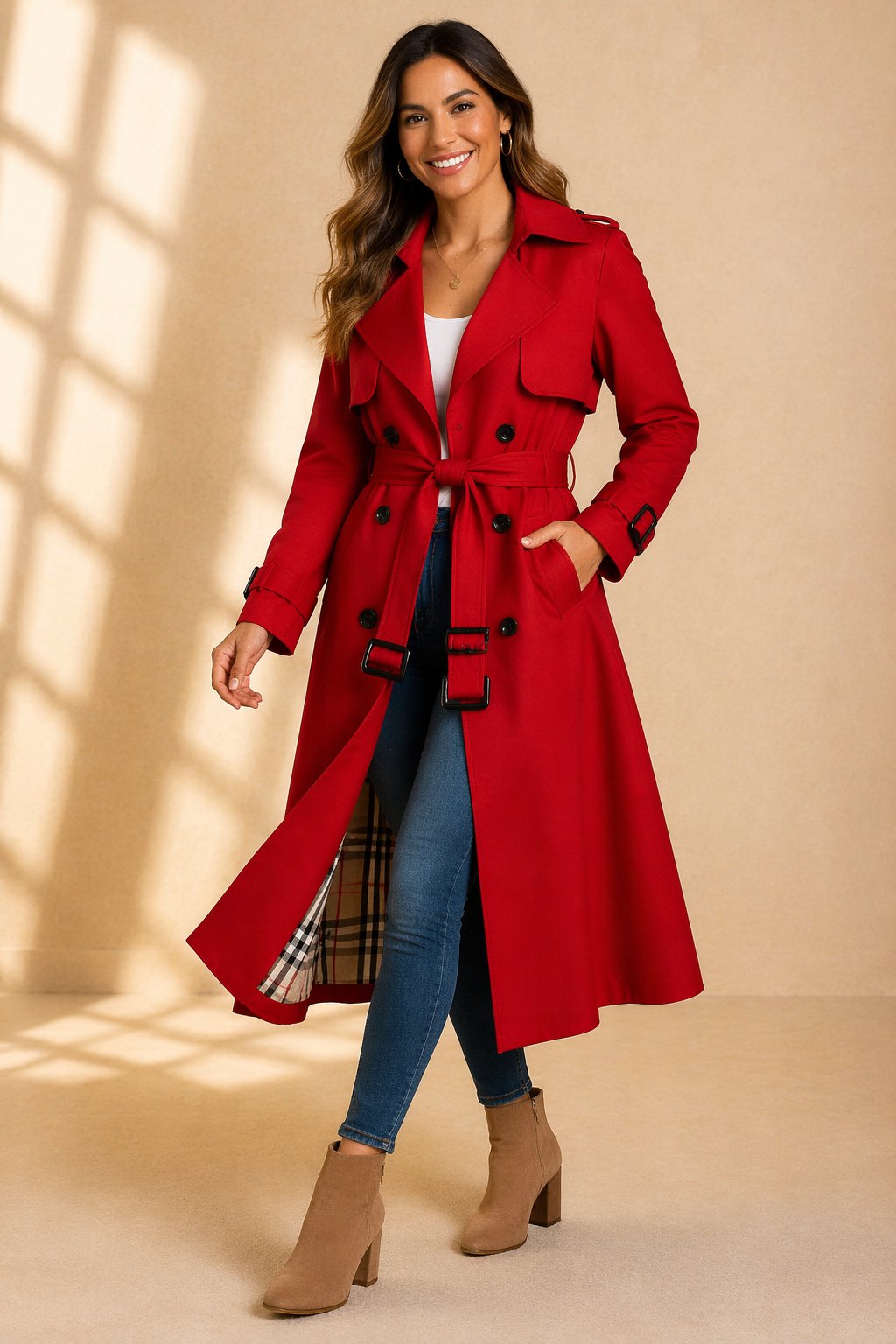 Sarah Women's Long Belted Trench Coat - Red