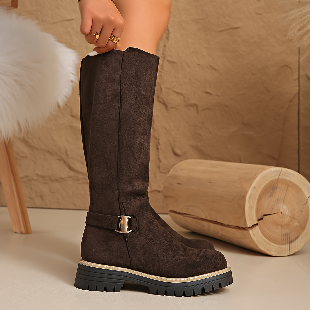 Megan Women's Winter Suede Flat Knee High Boots