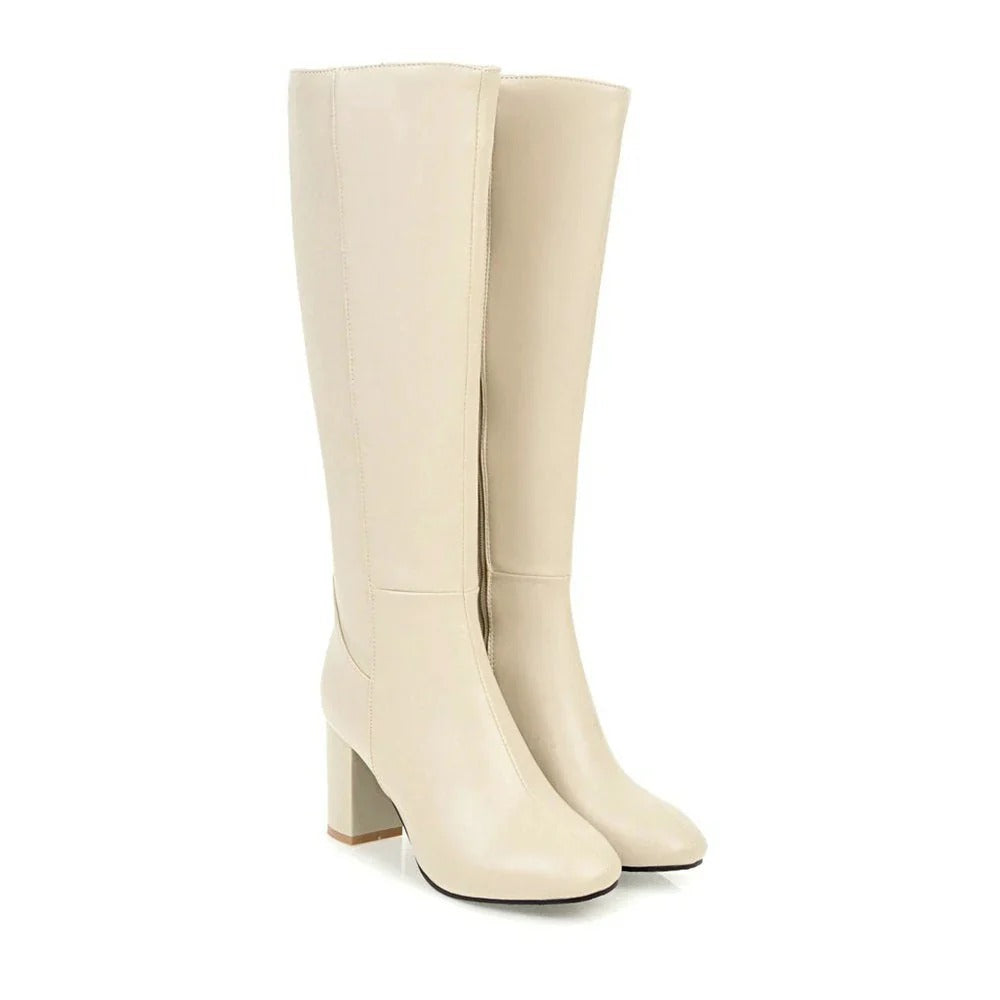 Eve Women's Leather Heeled Knee High Boots - Beige