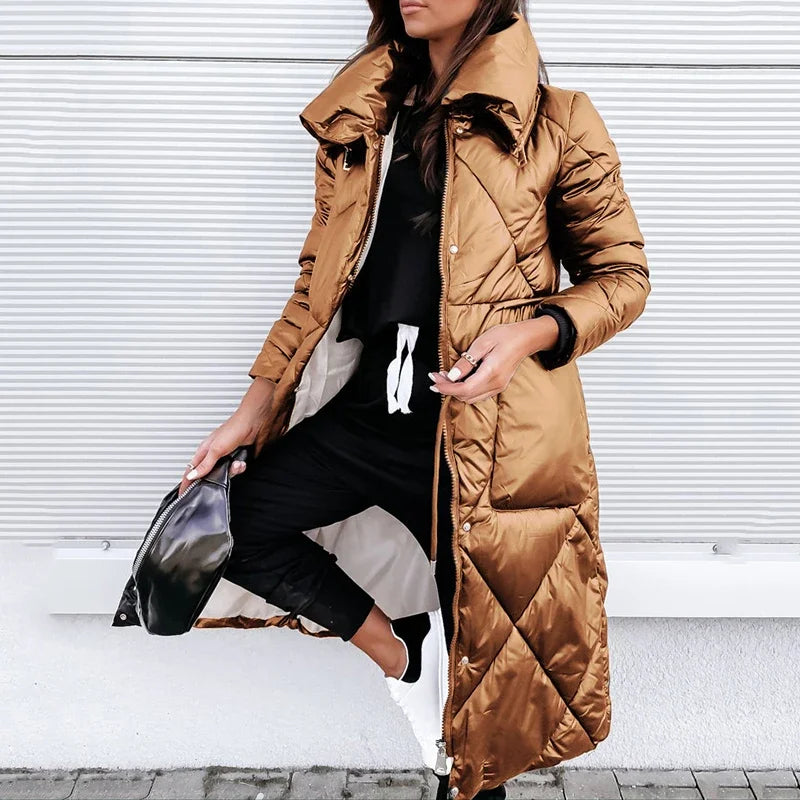 Amber Women's Winter Quilted Padded Long Puffer Coat - Brown