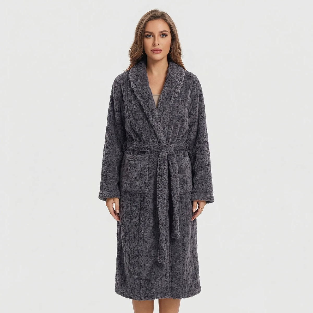 Audrey Long Fleece Hooded Dressing Gown - Dark Grey