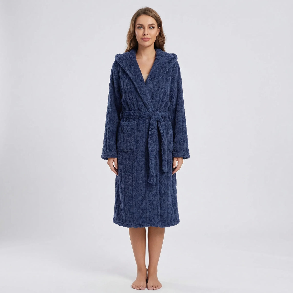 Audrey Long Fleece Hooded Dressing Gown - Blue