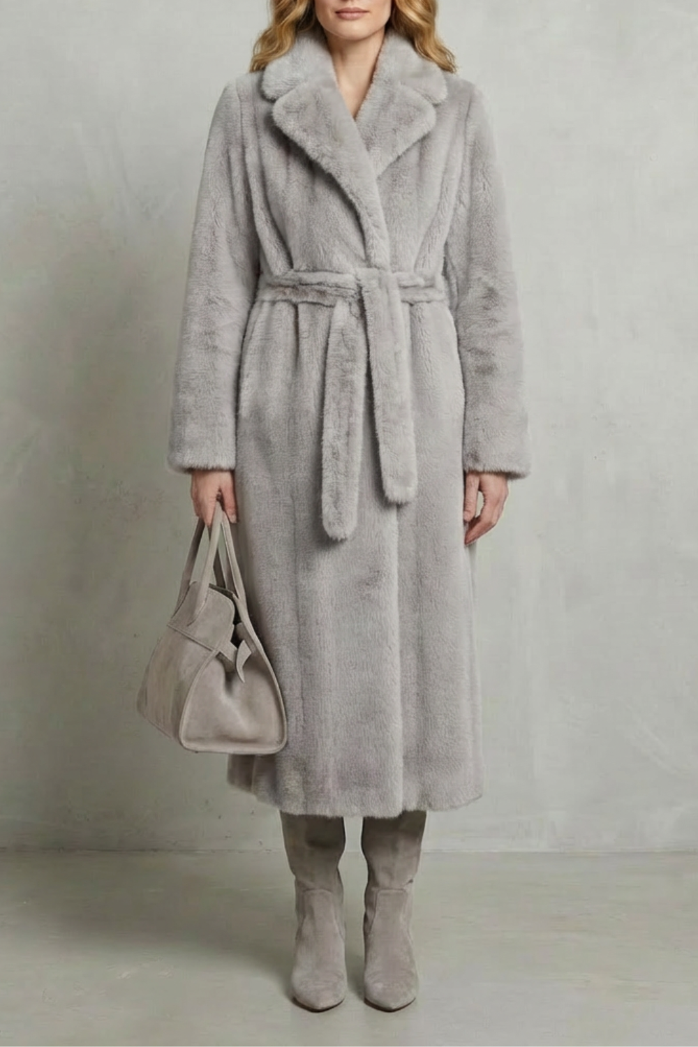 Jill Women's Belted Long Faux Fur Coat - Light Grey