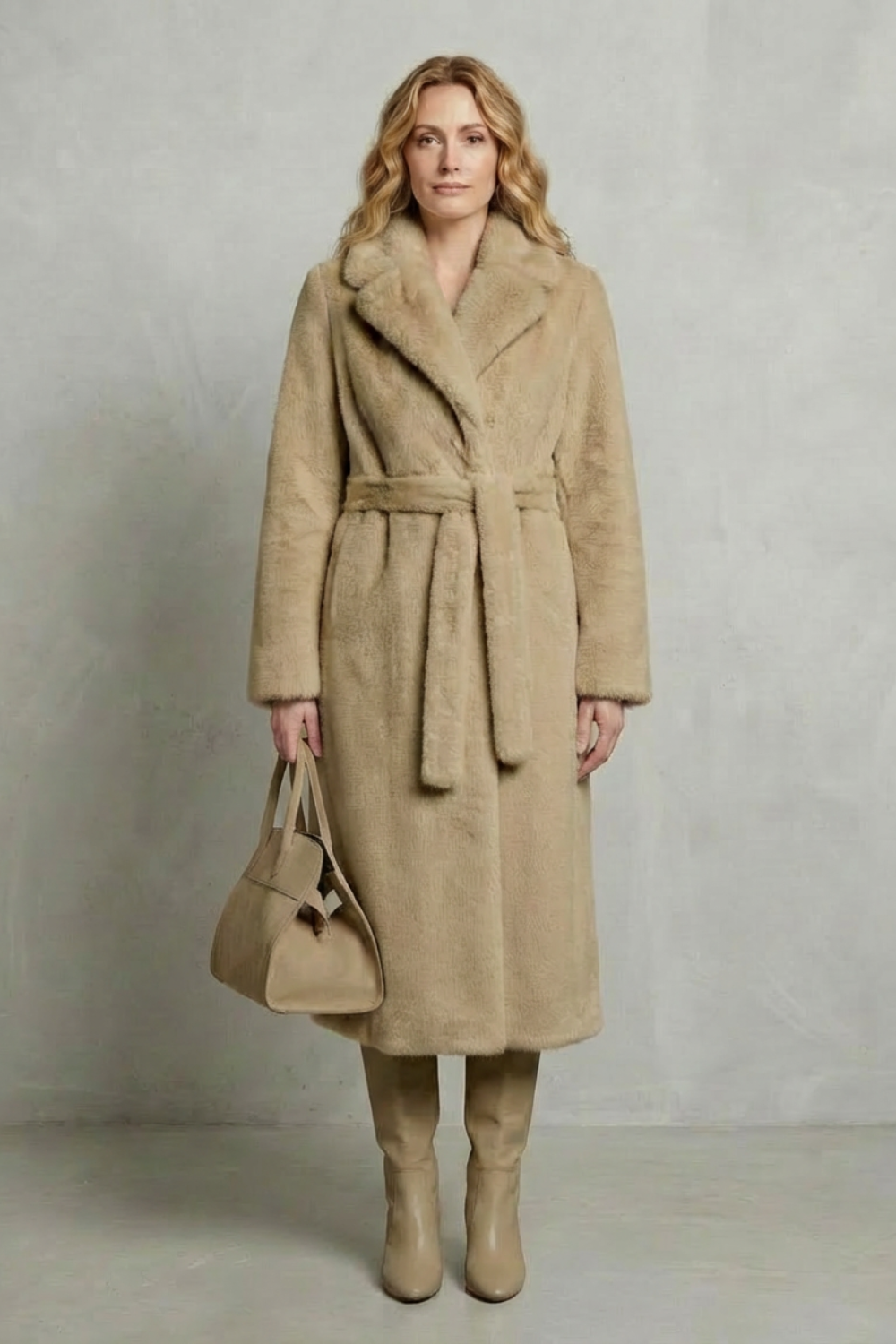 Jill Women's Belted Long Faux Fur Coat