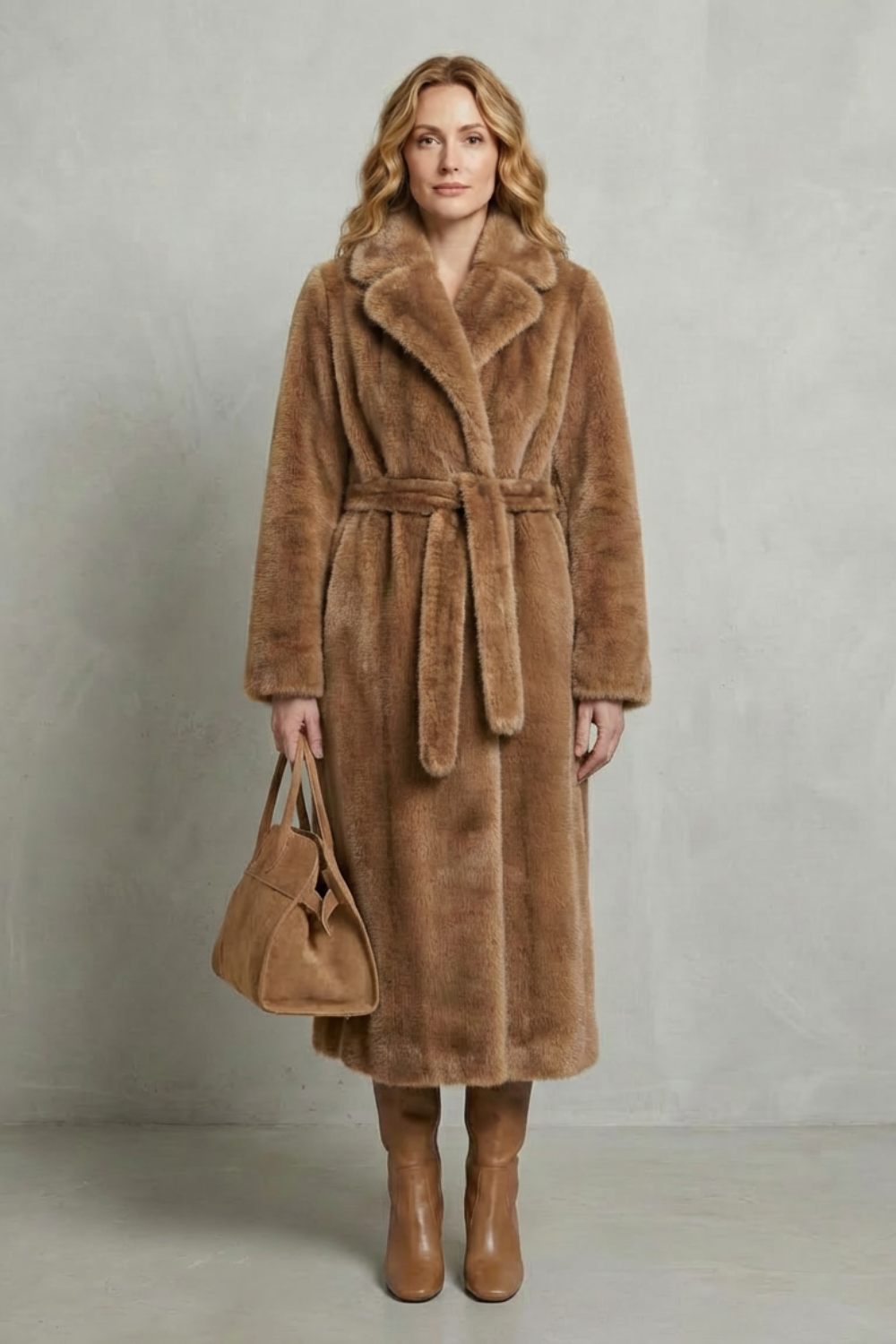Jill Women's Belted Long Faux Fur Coat