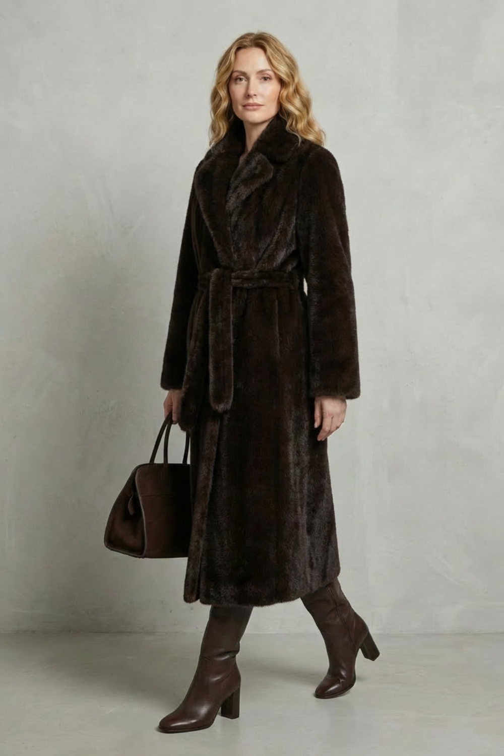 Jill Women's Belted Long Faux Fur Coat