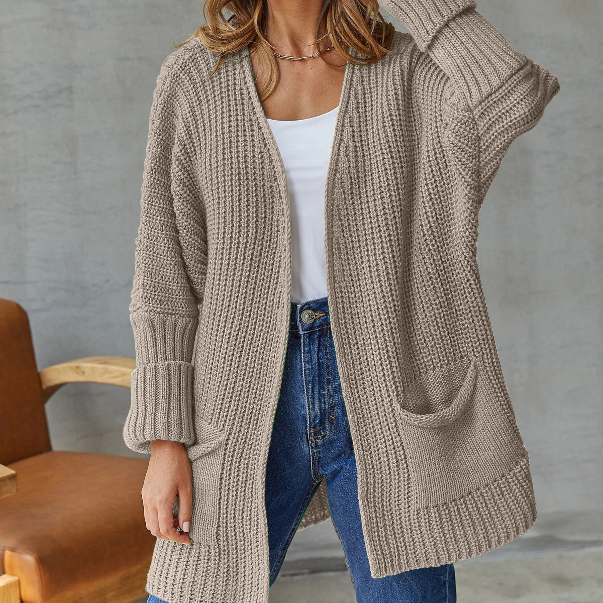 Bea Women's Long Knitted Cardigan - Beige