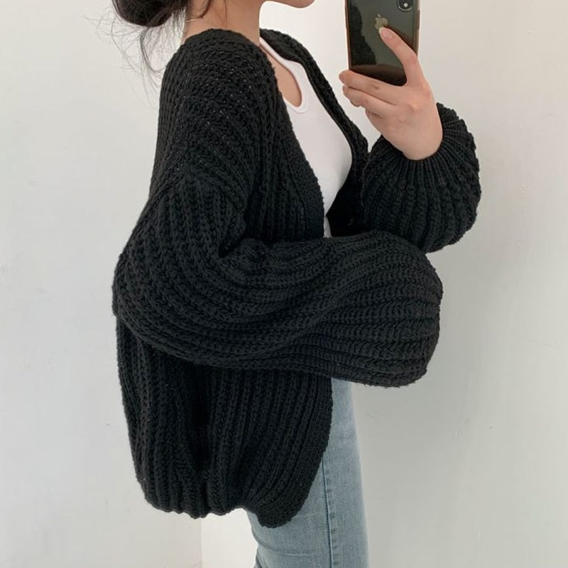 Martha Women's Chunky Knit Cardigan - Black