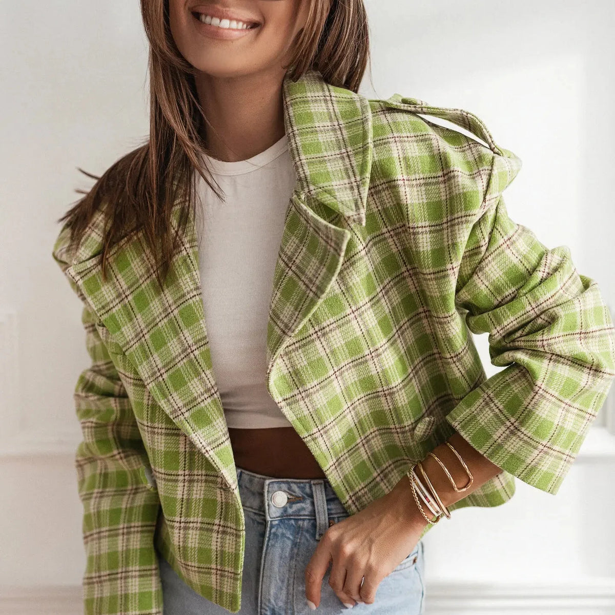 Wendy Women's Plaid Cropped Peacoat - Pistachio