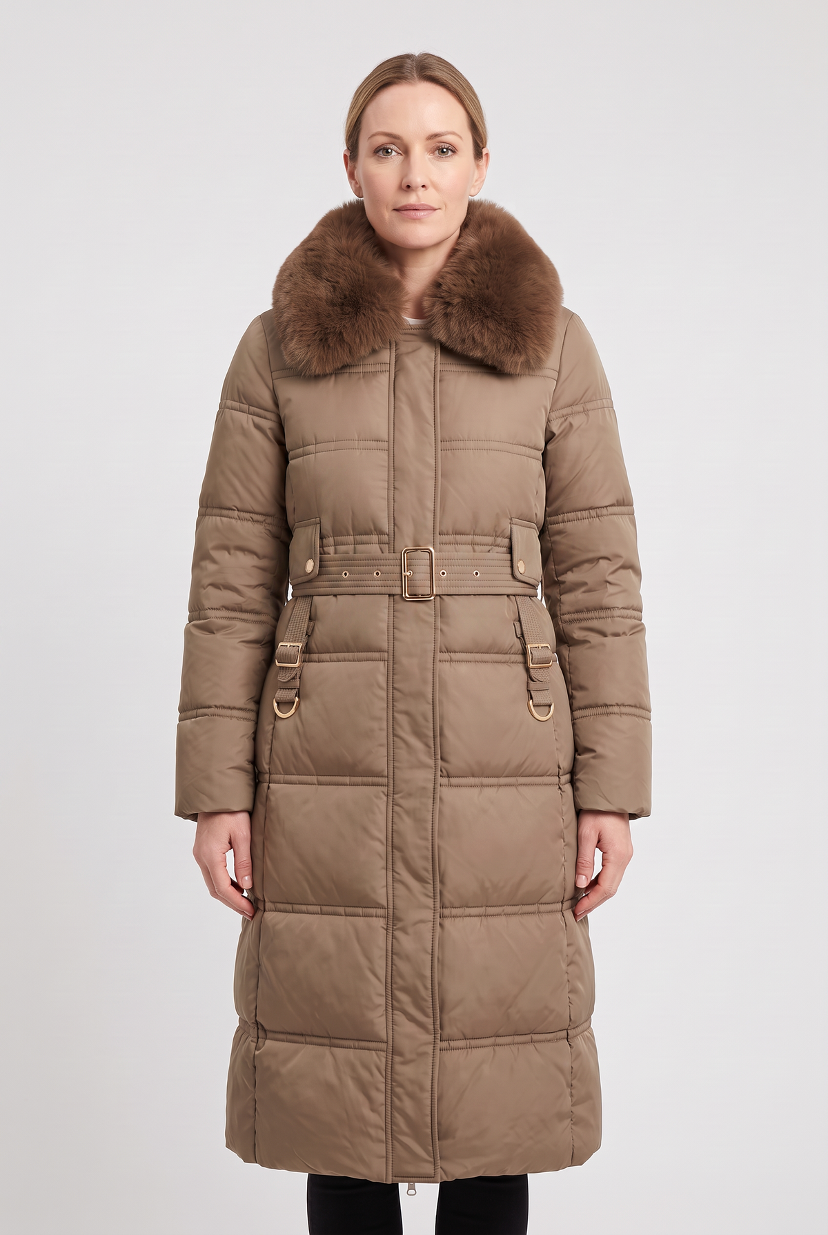 Anna Women's Winter Hooded Quilted Long Puffer Coat - Brown