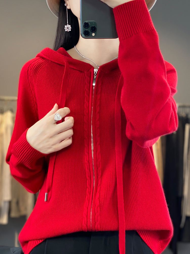 Imelda Women's Knitted Zip Up Hoodie - Red