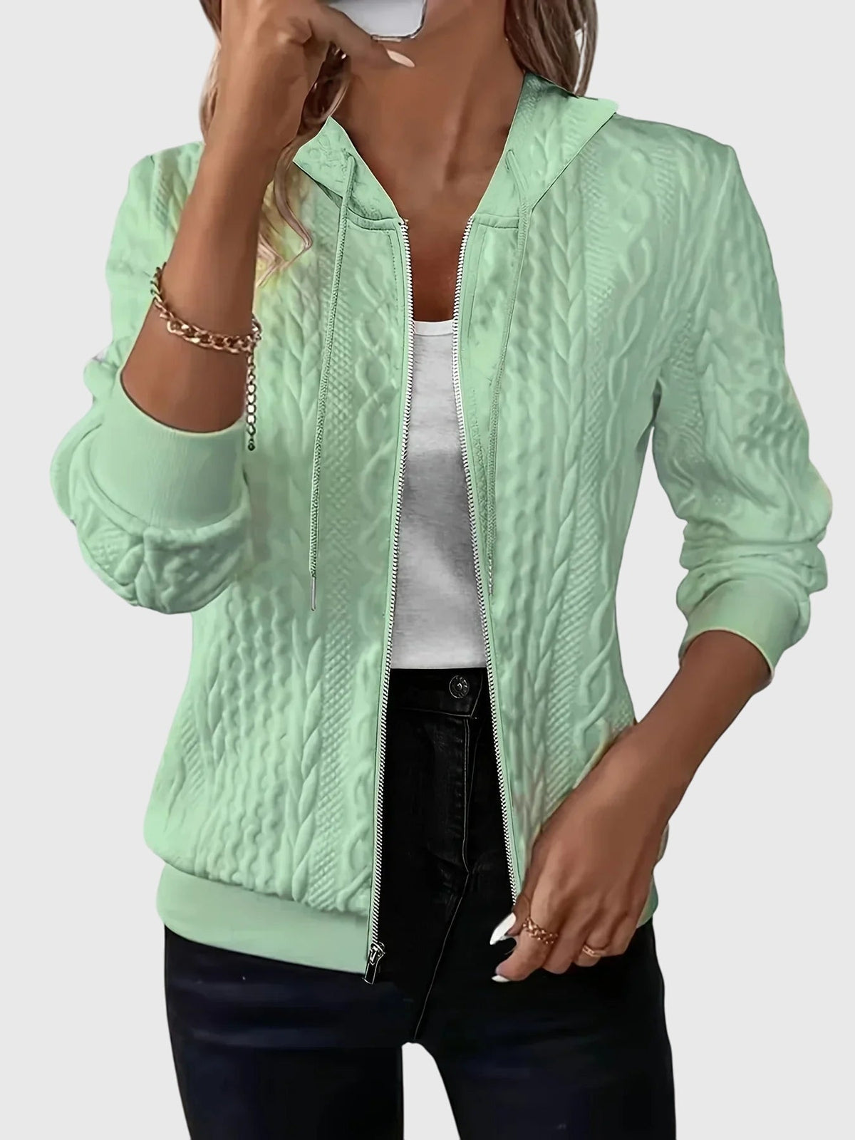 Fenella Women's Cable Textured Zip Up Hoodie - Green