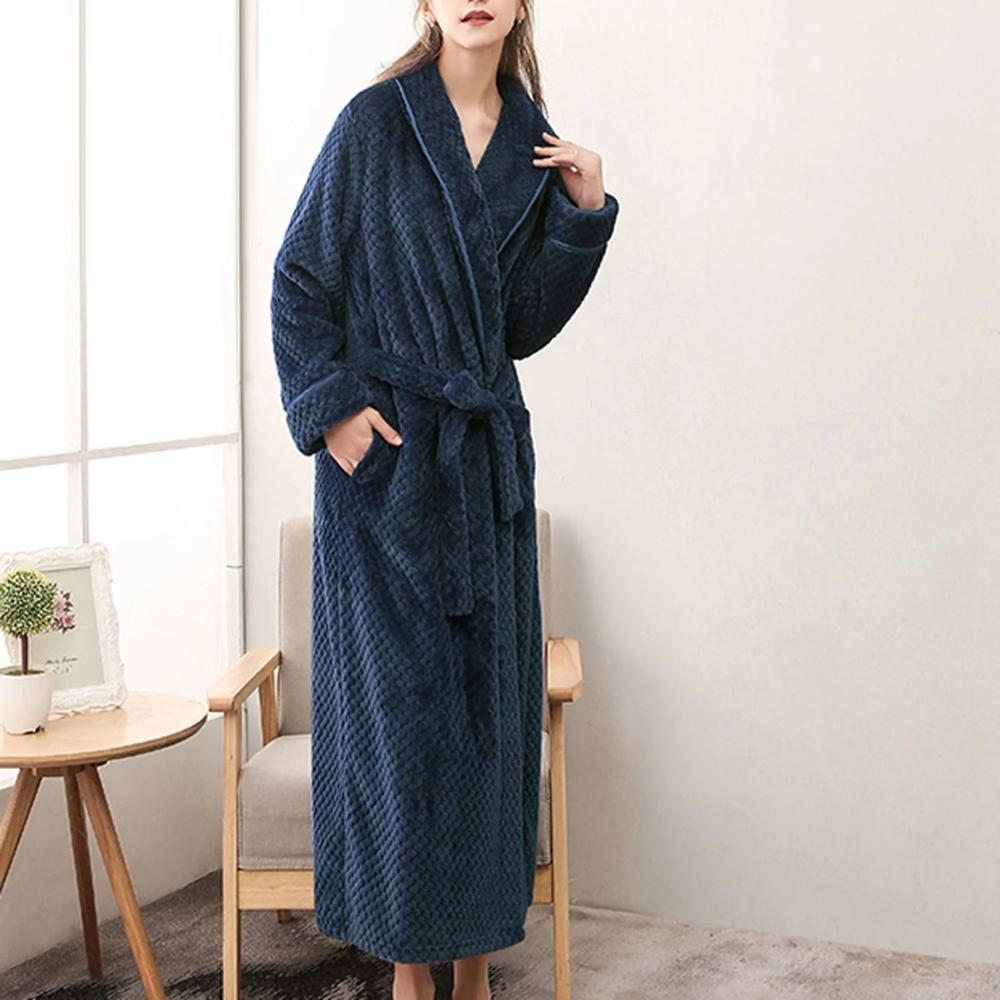 Sheila Long Fleece Dressing Gown - Navy Blue