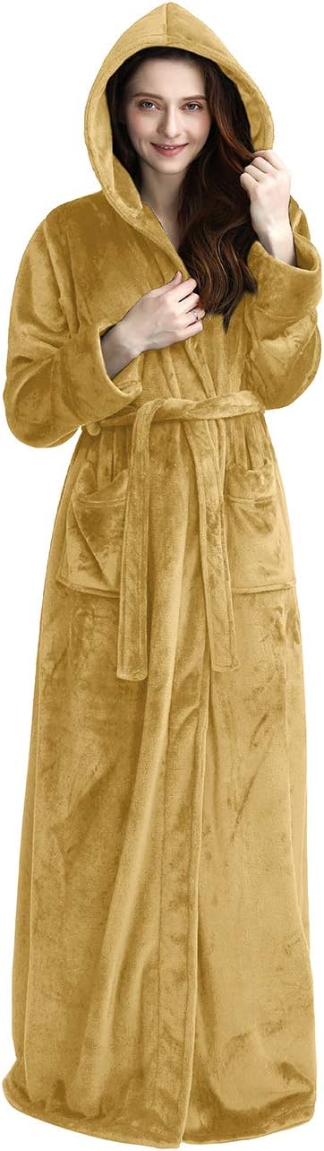 Hilda Long Fleece Hooded Dressing Gown - Yellow