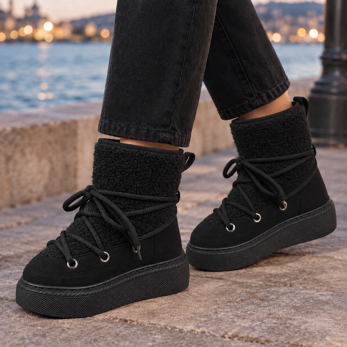 Bridget Teddy Winter Ankle Boots - Black