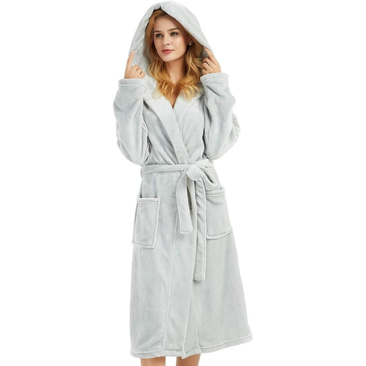 Lorraine Long Fleece Hooded Dressing Gown - Light Grey