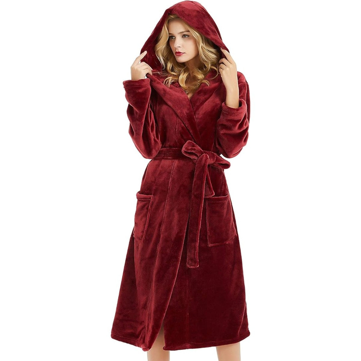 Lorraine Long Fleece Hooded Dressing Gown - Bordeaux Red
