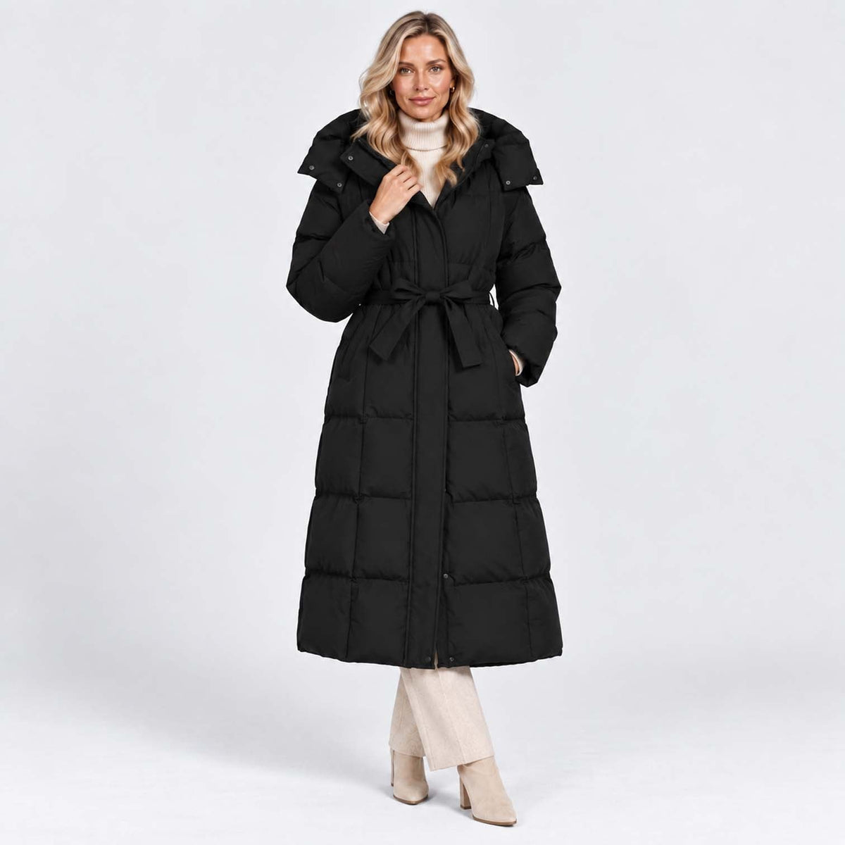 Beth Women's Winter Hooded Quilted Long Puffer Coat - Black