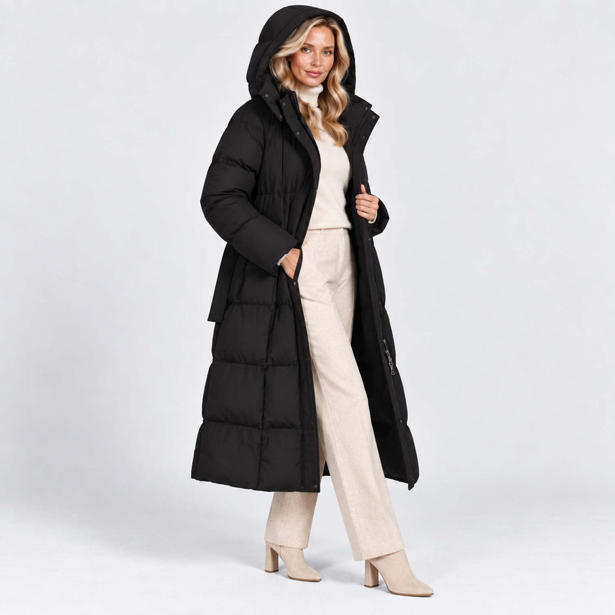 Beth Women's Winter Hooded Quilted Long Puffer Coat