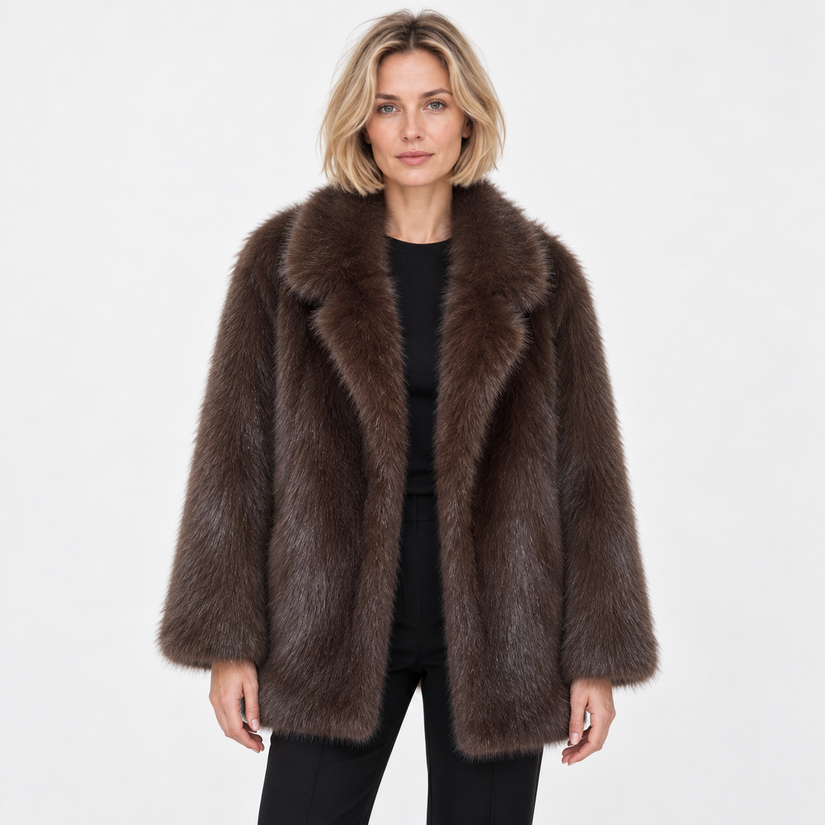 Sue Women's Plush Short Faux Fur Coat - Dark Brown