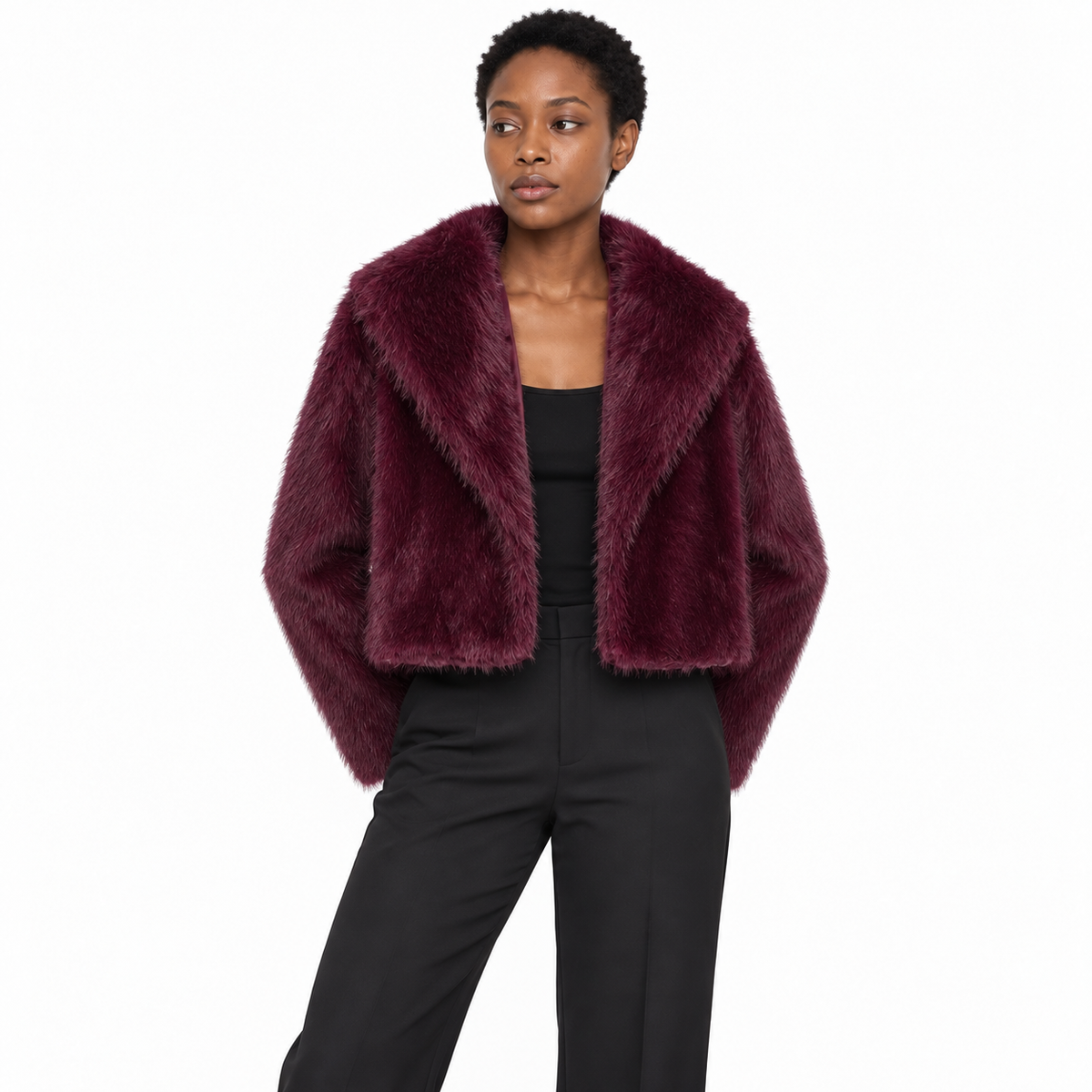 Ella Women's Winter Plush Faux Fur Jacket - Wine Red