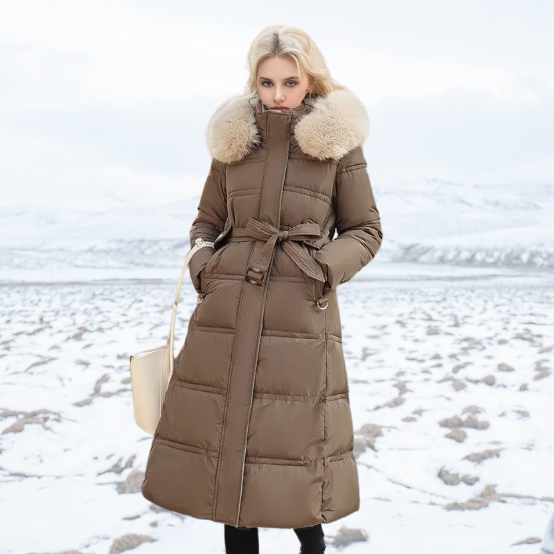 Effie Women's Faux Fur Puffer Coat - Coffee with Beige Collar