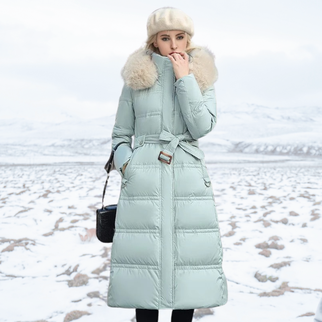 Effie Women's Faux Fur Puffer Coat - Blue with Beige Collar