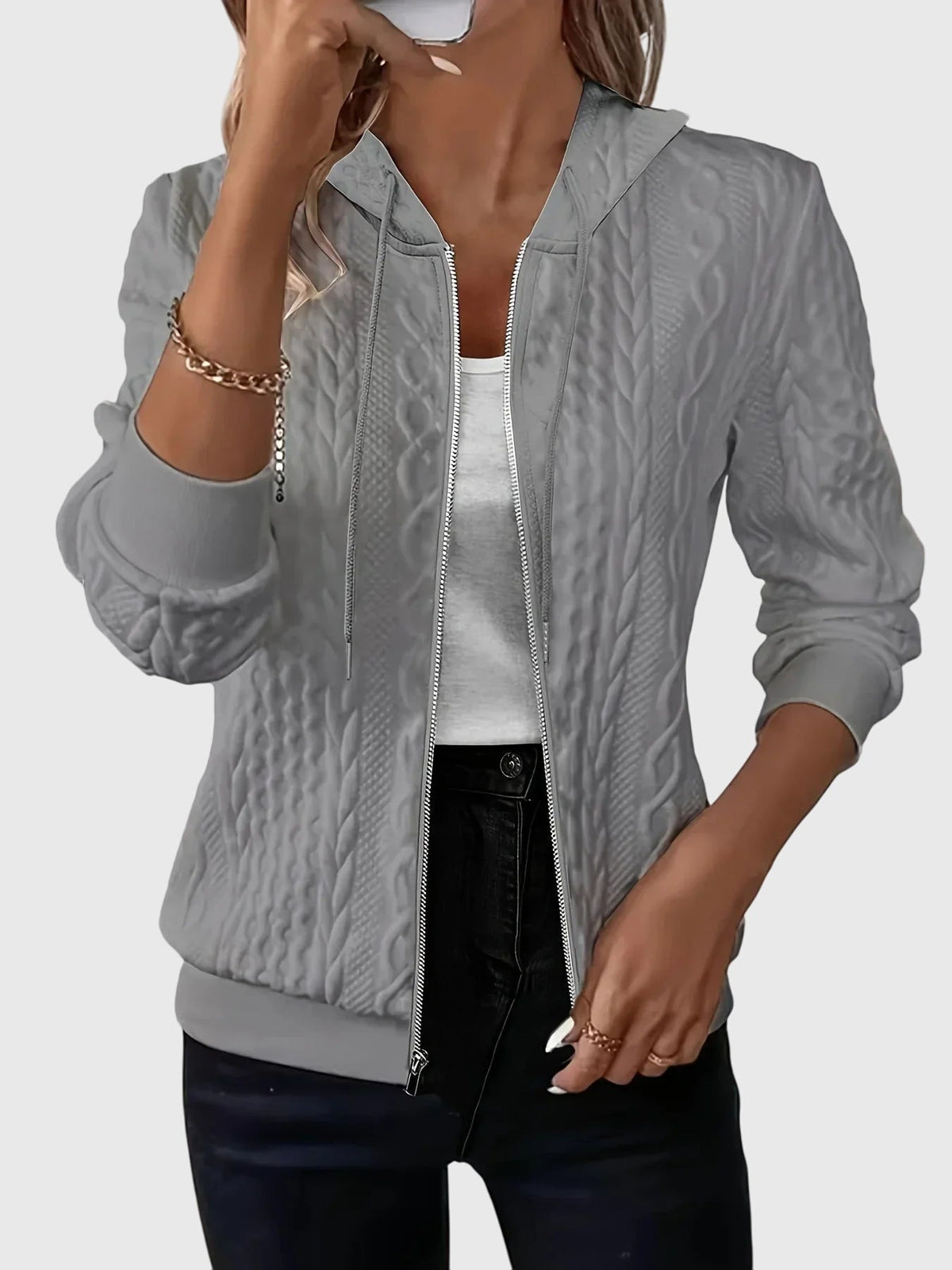 Fenella Women's Cable Textured Zip Up Hoodie - Grey