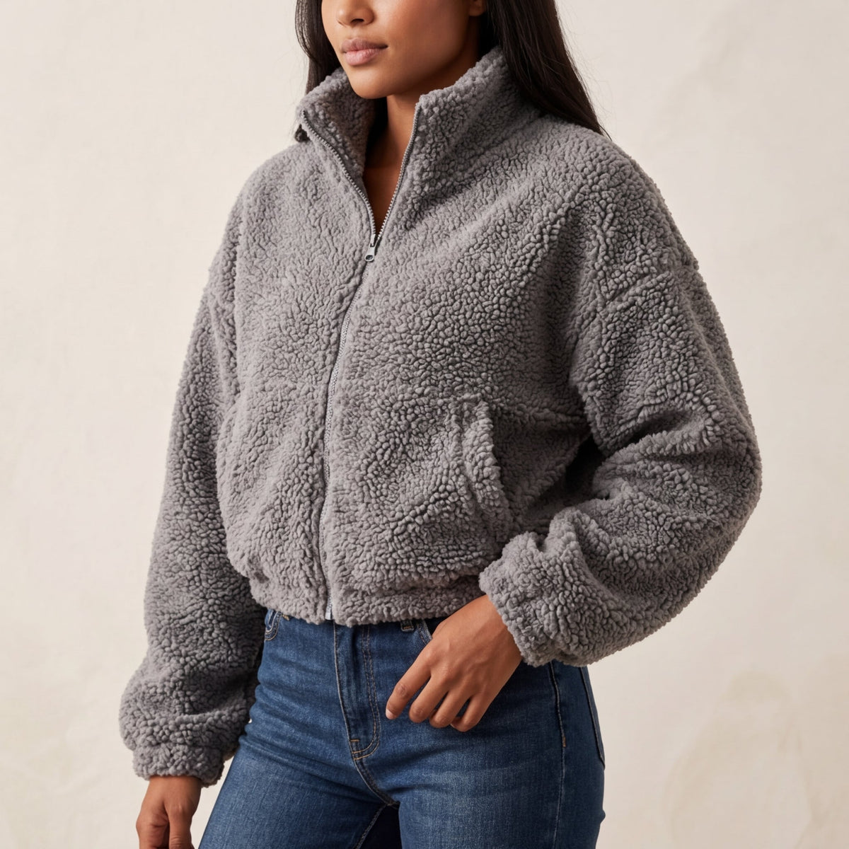 Faye Women's Winter Cropped Faux Fur Jacket - Grey