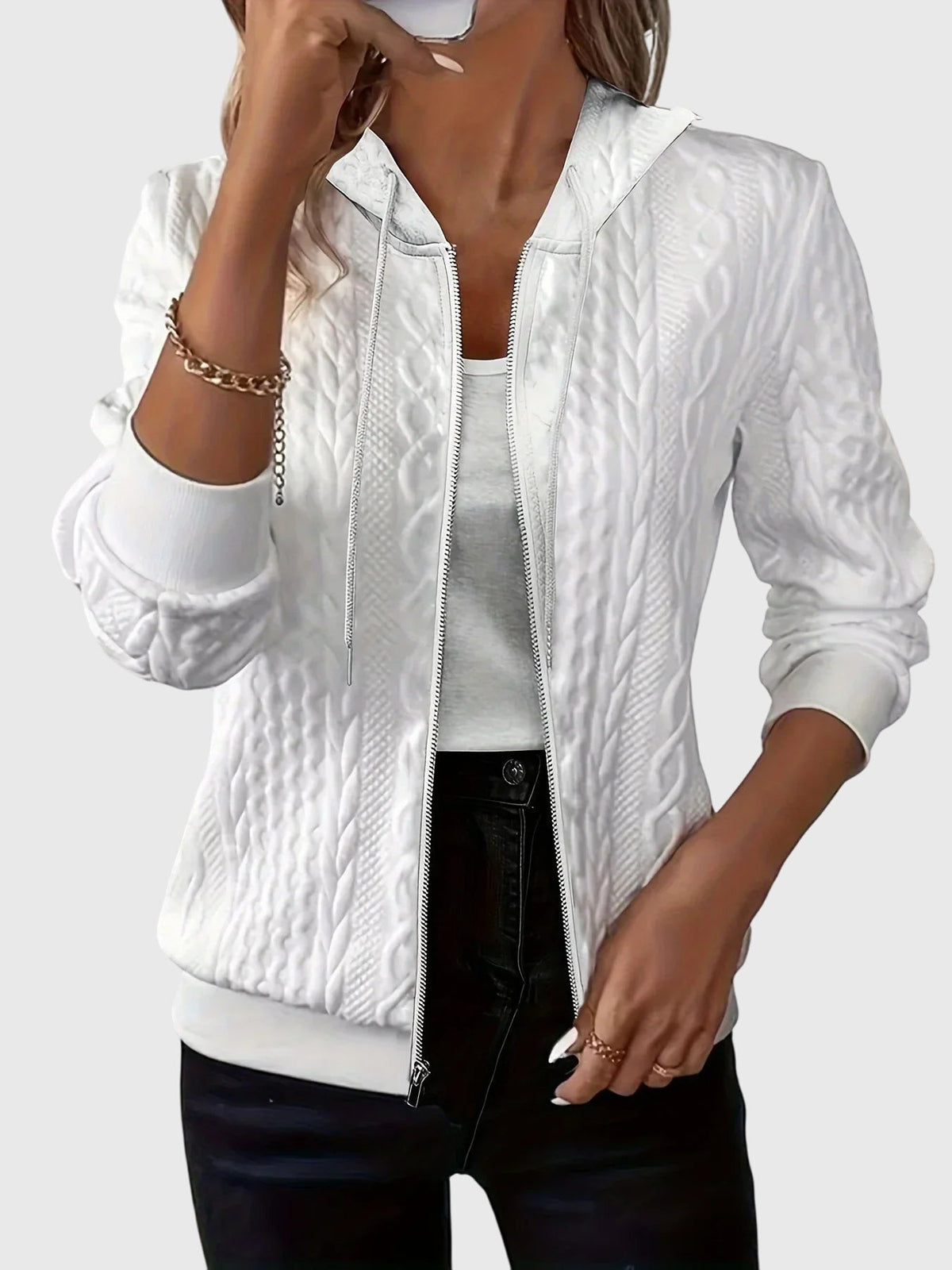 Fenella Women's Cable Textured Zip Up Hoodie - White