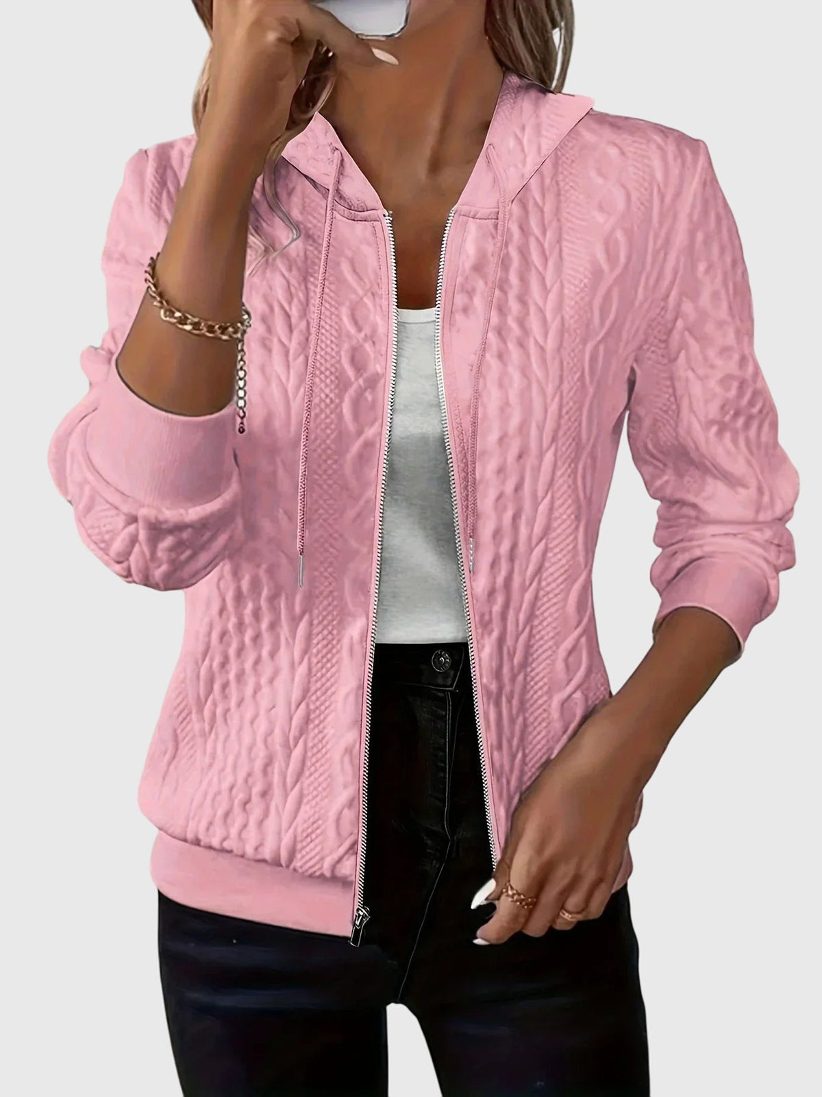 Fenella Women's Cable Textured Zip Up Hoodie - Pink