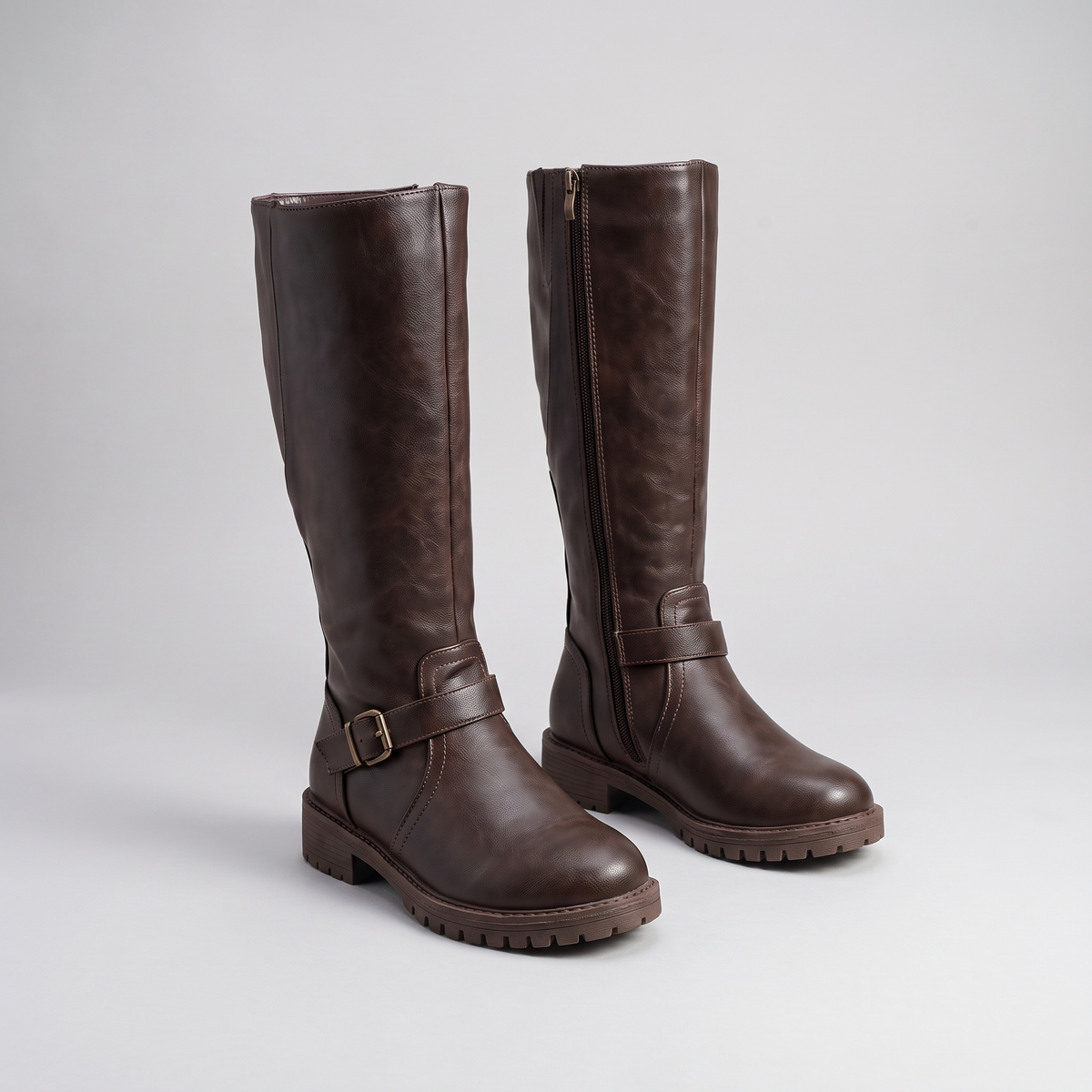 Robyn Women's Winter Leather Flat Knee High Boots - Dark Brown