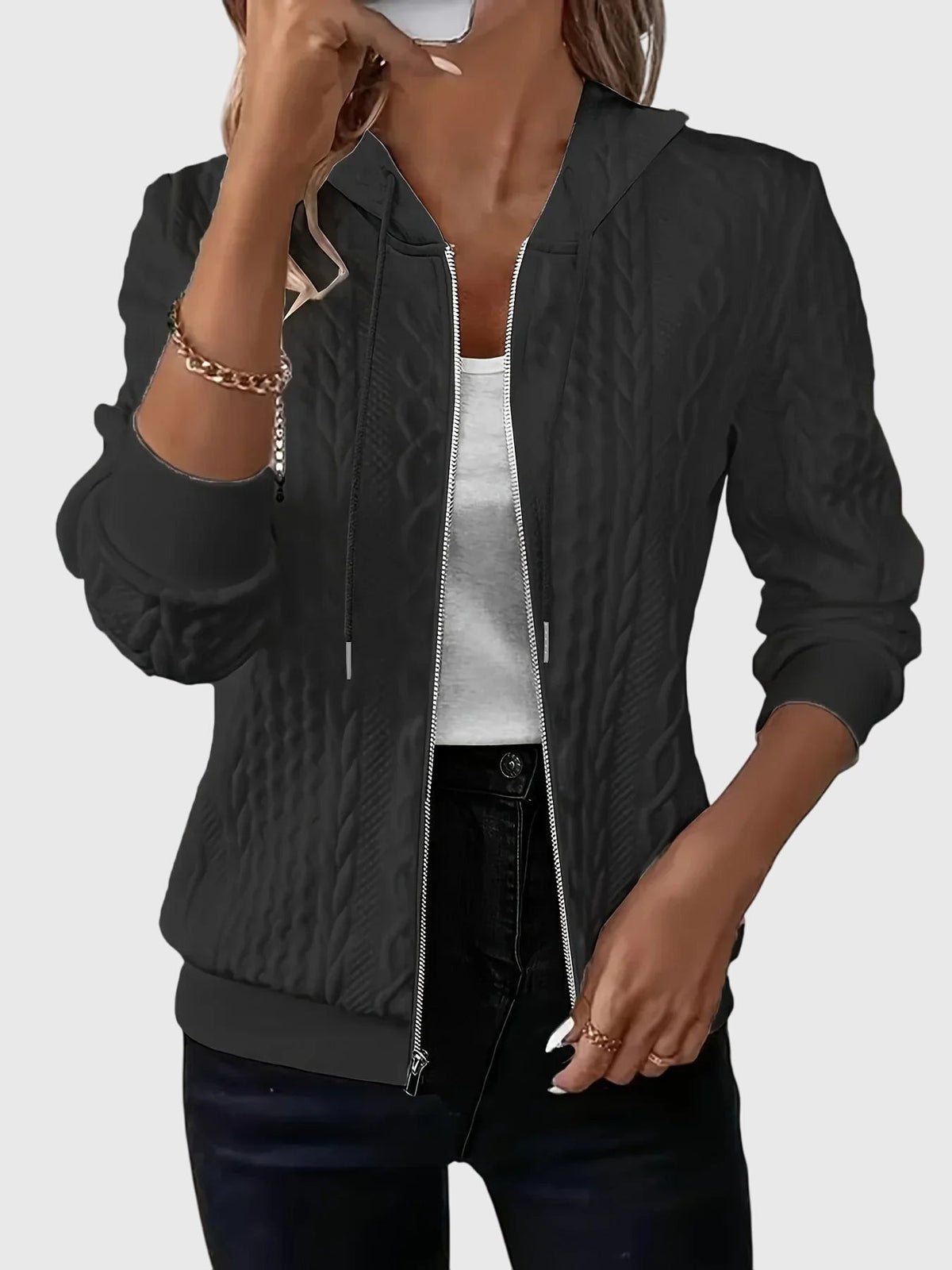 Fenella Women's Cable Textured Zip Up Hoodie - Black
