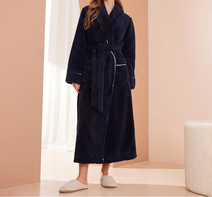 Valerie Long Flannel Dressing Gown - Navy Blue