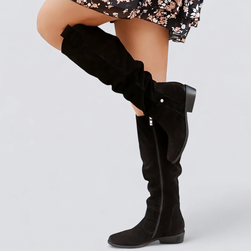 Molly Women's Suede Flat Knee High Boots - Black