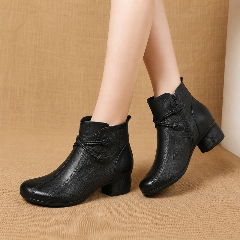 Cora Women's Leather Heeled Ankle Boots - Black