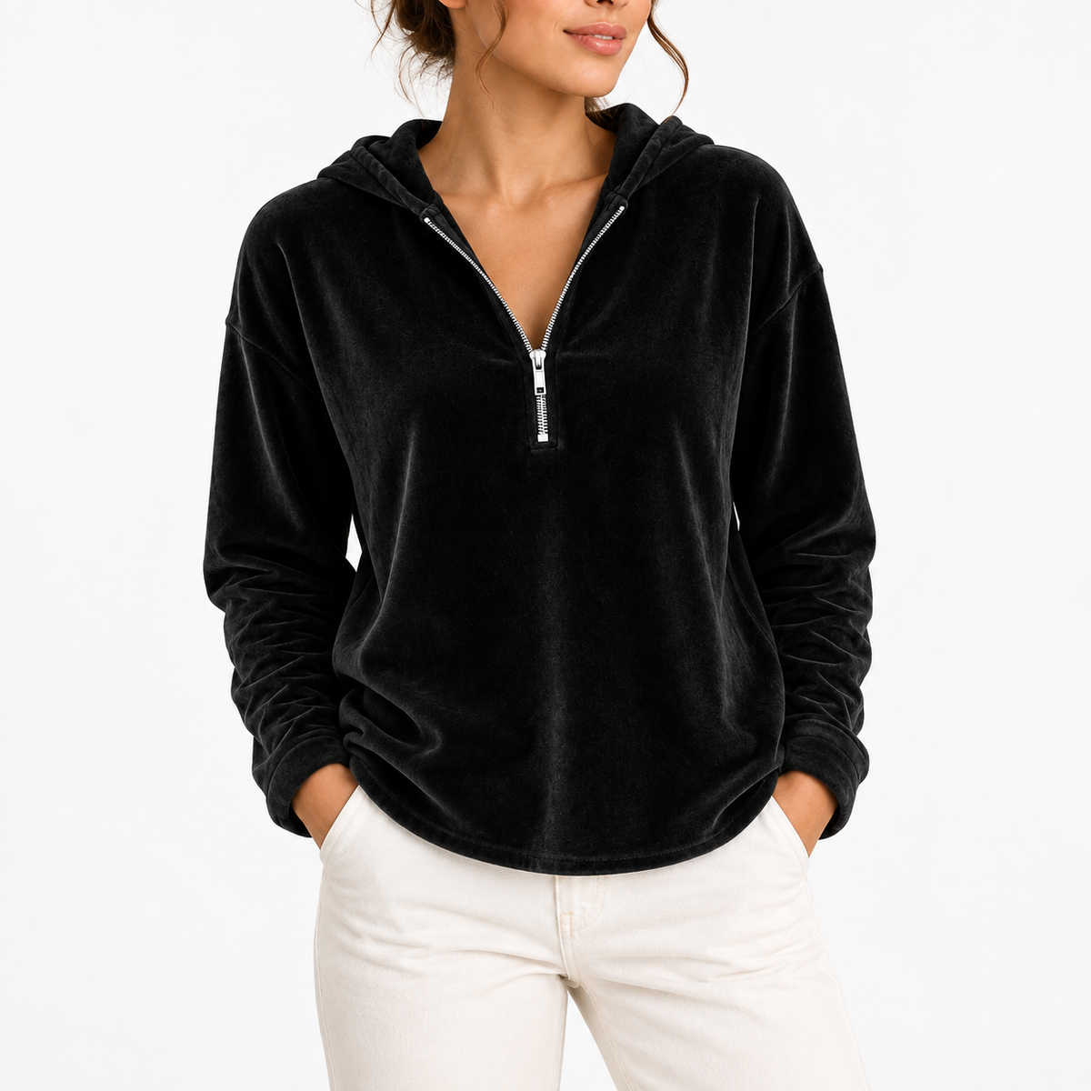 Mairi Women's Velvet Quarter Zip Hoodie - Black