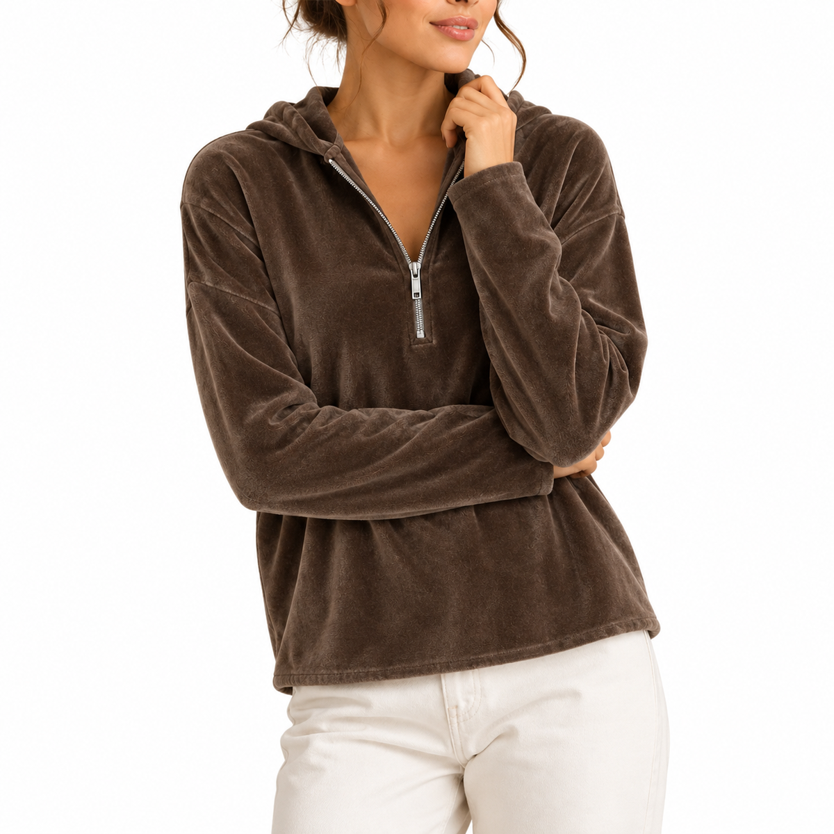 Mairi Women's Velvet Quarter Zip Hoodie - Brown