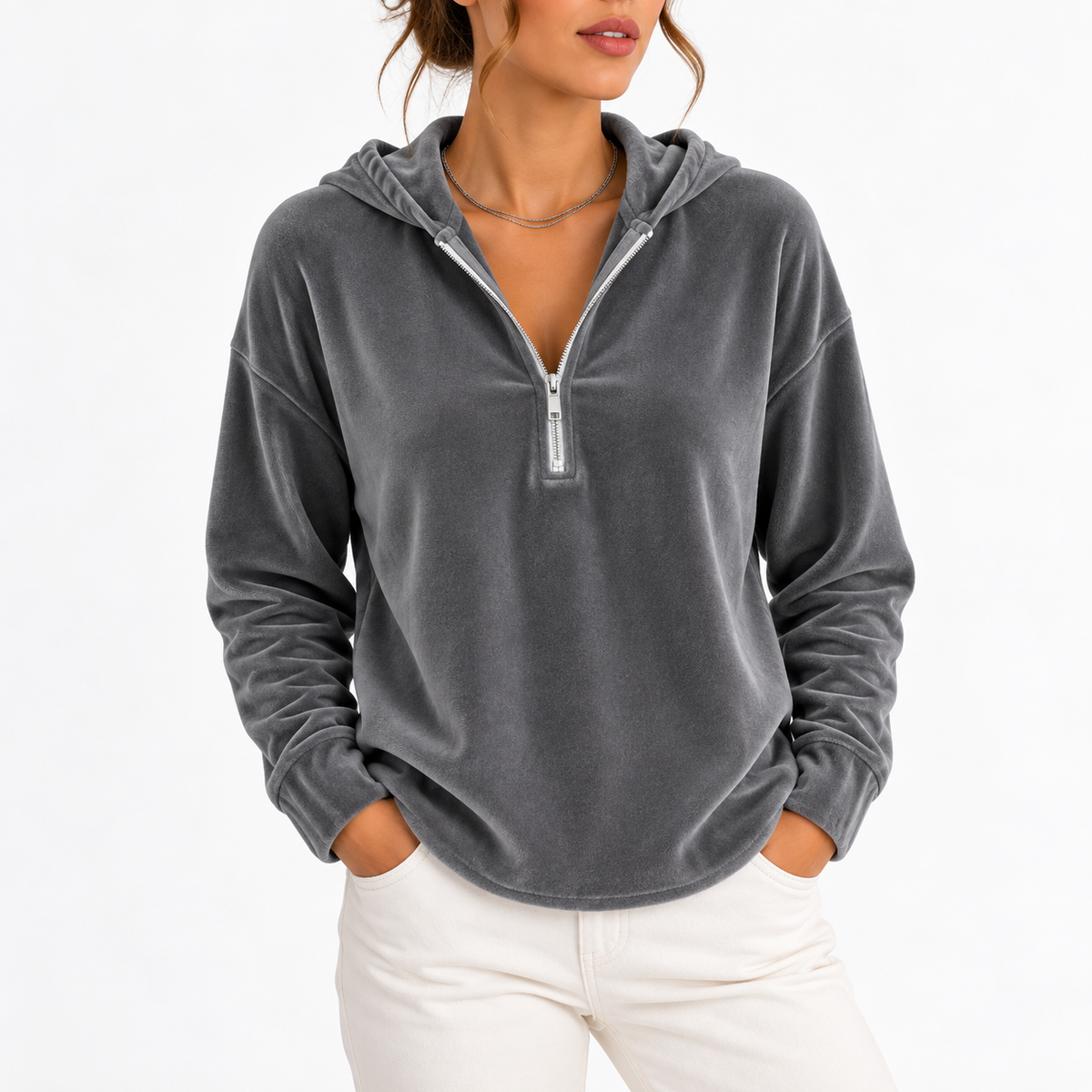 Mairi Women's Velvet Quarter Zip Hoodie - Grey