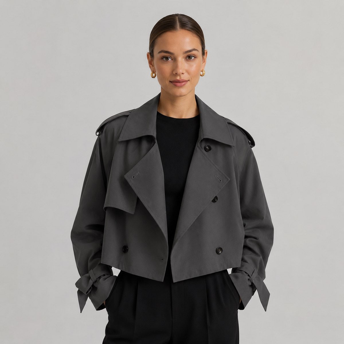 Camilla | Women's Cropped Trench Coat with Double Breasted Front and Lapels