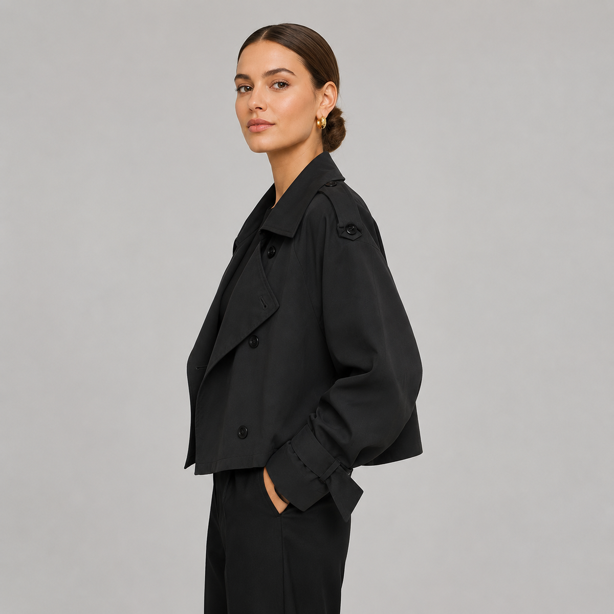 Camilla | Women's Cropped Trench Coat with Double Breasted Front and Lapels