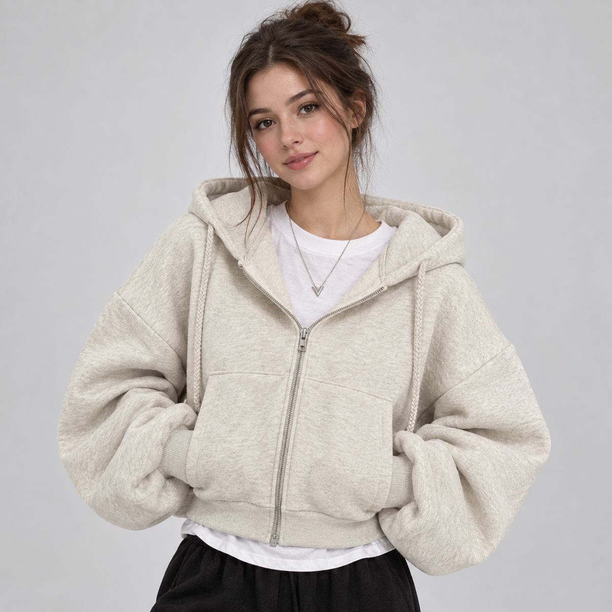 Yasmin Women's Fleece Cropped Zip Up Hoodie - Flower Grey