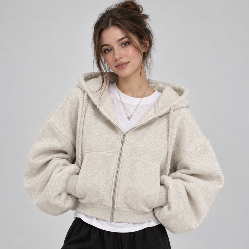 Yasmin Women's Fleece Cropped Zip Up Hoodie - Flower Grey